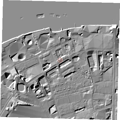 Shaded relief map of the ground around SE19NH, computed from Environment Agency LiDAR. The ground here sits at about 5 m above sea level and falls 13 m across the surrounding 800 m. Surface water reaching this point runs off ground lying to the south-south-west, 3.0 m higher.