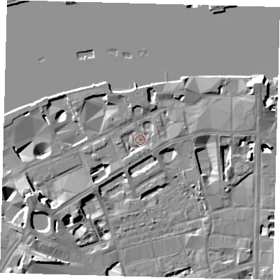 Shaded relief map of the ground around SE19NL, computed from Environment Agency LiDAR. The ground here sits at about 4 m above sea level and falls 15 m across the surrounding 800 m. Surface water reaching this point runs off ground lying to the south-south-west, 2.1 m higher.