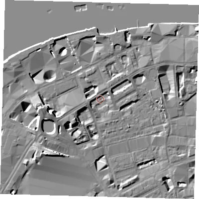 Shaded relief map of the ground around SE19NN, computed from Environment Agency LiDAR. The ground here sits at about 3 m above sea level and falls 13 m across the surrounding 800 m. Surface water reaching this point runs off ground lying to the west-south-west, 4.9 m higher.