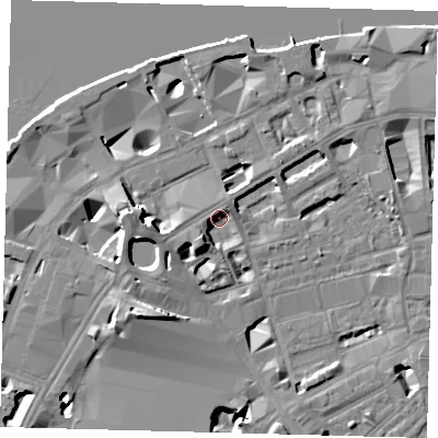 Shaded relief map of the ground around SE19NQ, computed from Environment Agency LiDAR. The ground here sits at about 3 m above sea level and falls 13 m across the surrounding 800 m. Surface water reaching this point runs off ground lying to the south-west, 4.7 m higher.