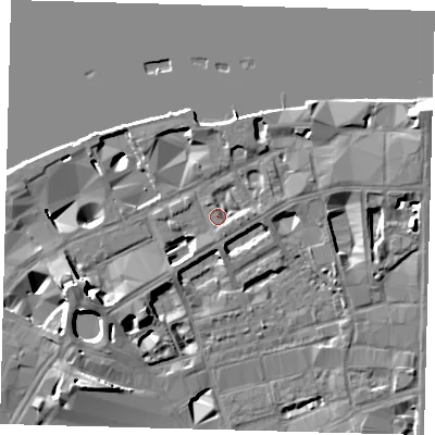 Shaded relief map of the ground around SE19NR, computed from Environment Agency LiDAR. The ground here sits at about 4 m above sea level and falls 13 m across the surrounding 800 m. Surface water reaching this point runs off ground lying to the east, 2.1 m higher.