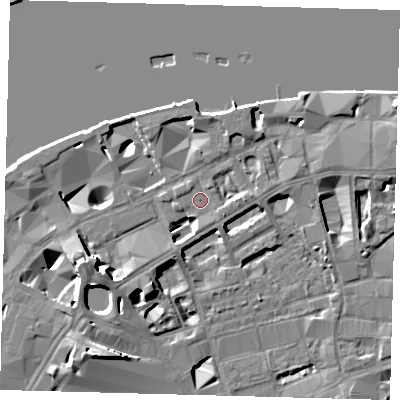 Shaded relief map of the ground around SE19NS, computed from Environment Agency LiDAR. The ground here sits at about 4 m above sea level and falls 13 m across the surrounding 800 m. Surface water reaching this point runs off ground lying to the south-south-east, 1.0 m higher.