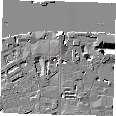 Shaded relief map of the ground around SE19NT, computed from Environment Agency LiDAR. The ground here sits at about 5 m above sea level and falls 40 m across the surrounding 800 m. Surface water reaching this point runs off ground lying to the north, 7.7 m higher.