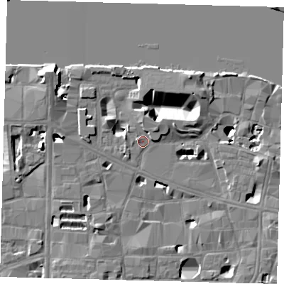 Shaded relief map of the ground around SE19NX, computed from Environment Agency LiDAR. The ground here sits at about 4 m above sea level and falls 16 m across the surrounding 800 m. Surface water reaching this point runs off ground lying to the west-north-west, 12.2 m higher.