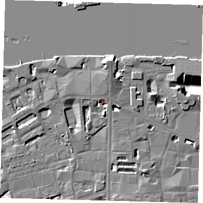 Shaded relief map of the ground around SE19NY, computed from Environment Agency LiDAR. The ground here sits at about 4 m above sea level and falls 40 m across the surrounding 800 m. Surface water reaching this point runs off ground lying to the north, 7.7 m higher.