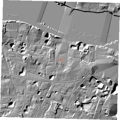 Shaded relief map of the ground around SE19PA, computed from Environment Agency LiDAR. The ground here sits at about 4 m above sea level and falls 14 m across the surrounding 800 m. Surface water reaching this point runs off ground lying to the east-south-east, 1.8 m higher.