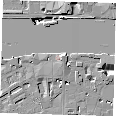 Shaded relief map of the ground around SE19PB, computed from Environment Agency LiDAR. The ground here sits at about 6 m above sea level and falls 41 m across the surrounding 800 m. Surface water reaching this point runs off ground lying to the east-north-east, 3.6 m higher.
