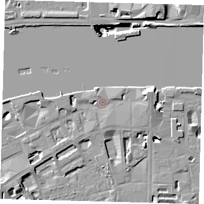 Shaded relief map of the ground around SE19PD, computed from Environment Agency LiDAR. The ground here sits at about 4 m above sea level and falls 41 m across the surrounding 800 m. Surface water reaching this point runs off ground lying to the east-north-east, 5.9 m higher.