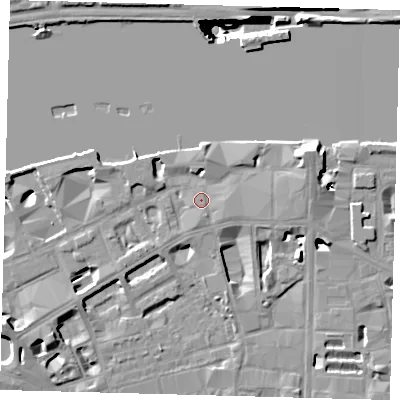 Shaded relief map of the ground around SE19PG, computed from Environment Agency LiDAR. The ground here sits at about 4 m above sea level and falls 41 m across the surrounding 800 m. Surface water reaching this point runs off ground lying to the south, 1.7 m higher.