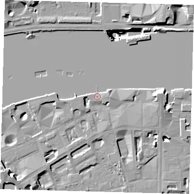 Shaded relief map of the ground around SE19PH, computed from Environment Agency LiDAR. The ground here sits at about 4 m above sea level and falls 41 m across the surrounding 800 m. Surface water reaching this point runs off ground lying to the east, 6.7 m higher.