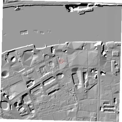 Shaded relief map of the ground around SE19PL, computed from Environment Agency LiDAR. The ground here sits at about 4 m above sea level and falls 40 m across the surrounding 800 m. Surface water reaching this point runs off ground lying to the east-north-east, 5.9 m higher.