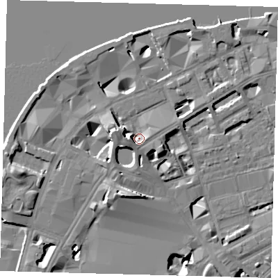 Shaded relief map of the ground around SE19PN, computed from Environment Agency LiDAR. The ground here sits at about 5 m above sea level and falls 13 m across the surrounding 800 m. Surface water reaching this point runs off ground lying to the west-north-west, 6.3 m higher.