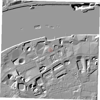 Shaded relief map of the ground around SE19PP, computed from Environment Agency LiDAR. The ground here sits at about 4 m above sea level and falls 40 m across the surrounding 800 m. Surface water reaching this point runs off ground lying to the east-north-east, 7.2 m higher.