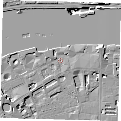 Shaded relief map of the ground around SE19PQ, computed from Environment Agency LiDAR. The ground here sits at about 3 m above sea level and falls 41 m across the surrounding 800 m. Surface water reaching this point runs off ground lying to the east-north-east, 6.7 m higher.