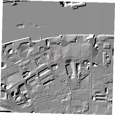 Shaded relief map of the ground around SE19PS, computed from Environment Agency LiDAR. The ground here sits at about 5 m above sea level and falls 41 m across the surrounding 800 m. Surface water reaching this point runs off ground lying to the east-north-east, 1.6 m higher.