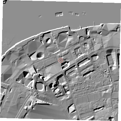 Shaded relief map of the ground around SE19PU, computed from Environment Agency LiDAR. The ground here sits at about 4 m above sea level and falls 13 m across the surrounding 800 m. Surface water reaching this point runs off ground lying to the west-south-west, 8.2 m higher.