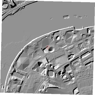 Shaded relief map of the ground around SE19PX, computed from Environment Agency LiDAR. The ground here sits at about 3 m above sea level and falls 18 m across the surrounding 800 m. Surface water reaching this point runs off ground lying to the south, 11.8 m higher.
