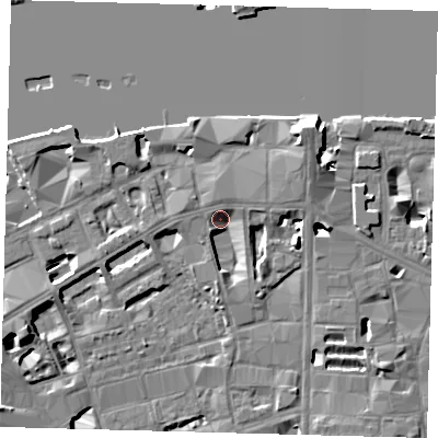 Shaded relief map of the ground around SE19PY, computed from Environment Agency LiDAR. The ground here sits at about 3 m above sea level and falls 14 m across the surrounding 800 m. Surface water reaching this point runs off ground lying to the east-north-east, 3.6 m higher.