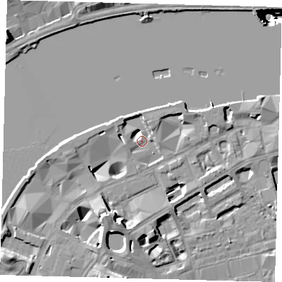 Shaded relief map of the ground around SE19PZ, computed from Environment Agency LiDAR. The ground here sits at about 4 m above sea level and falls 46 m across the surrounding 800 m. Surface water reaching this point runs off ground lying to the north-north-east, 6.7 m higher.