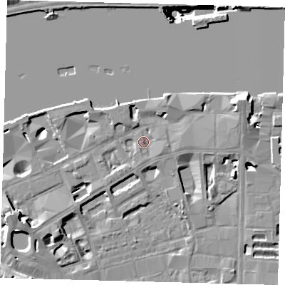 Shaded relief map of the ground around SE19QE, computed from Environment Agency LiDAR. The ground here sits at about 4 m above sea level and falls 40 m across the surrounding 800 m. Surface water reaching this point runs off ground lying to the east-north-east, 6.7 m higher.