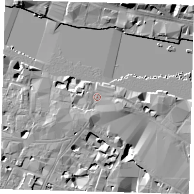 Shaded relief map of the ground around SE19QQ, computed from Environment Agency LiDAR. The ground here sits at about 4 m above sea level and falls 16 m across the surrounding 800 m. Surface water reaching this point runs off ground lying to the east-south-east, 2.2 m higher.
