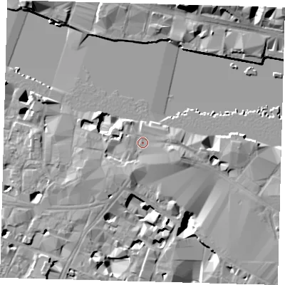 Shaded relief map of the ground around SE19QZ, computed from Environment Agency LiDAR. The ground here sits at about 4 m above sea level and falls 16 m across the surrounding 800 m. Surface water reaching this point runs off ground lying to the east-south-east, 2.2 m higher.