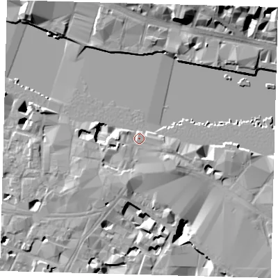 Shaded relief map of the ground around SE19RA, computed from Environment Agency LiDAR. The ground here sits at about 4 m above sea level and falls 18 m across the surrounding 800 m. Surface water reaching this point runs off ground lying to the south-east, 2.2 m higher.