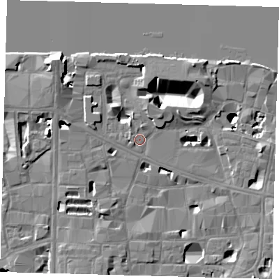 Shaded relief map of the ground around SE19RE, computed from Environment Agency LiDAR. The ground here sits at about 4 m above sea level and falls 16 m across the surrounding 800 m. Surface water reaching this point runs off ground lying to the north-west, 12.2 m higher.