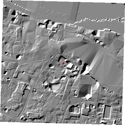 Shaded relief map of the ground around SE19RG, computed from Environment Agency LiDAR. The ground here sits at about 2 m above sea level and falls 10 m across the surrounding 800 m. Surface water reaching this point runs off ground lying to the north-north-west, 5.0 m higher.