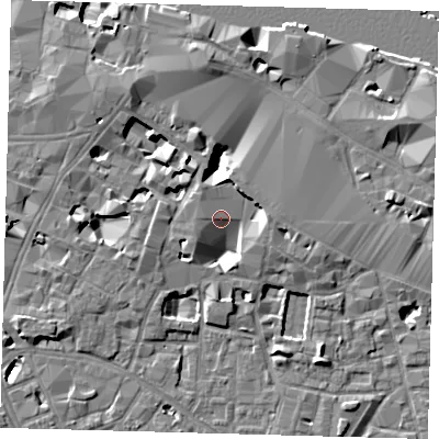 Shaded relief map of the ground around SE19RT, computed from Environment Agency LiDAR. The ground here sits at about 4 m above sea level and falls 10 m across the surrounding 800 m. Surface water reaching this point runs off ground lying to the south-west, 4.2 m higher.