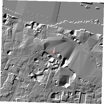 Shaded relief map of the ground around SE19RY, computed from Environment Agency LiDAR. The ground here sits at about 4 m above sea level and falls 10 m across the surrounding 800 m. Surface water reaching this point runs off ground lying to the north-west, 2.5 m higher.