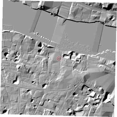 Shaded relief map of the ground around SE19RZ, computed from Environment Agency LiDAR. The ground here sits at about 4 m above sea level and falls 20 m across the surrounding 800 m. Surface water reaching this point runs off ground lying to the south-south-east, 2.2 m higher.