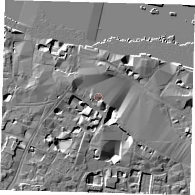 Shaded relief map of the ground around SE19SG, computed from Environment Agency LiDAR. The ground here sits at about 5 m above sea level and falls 10 m across the surrounding 800 m. Surface water reaching this point runs off ground lying to the south-east, 2.1 m higher.
