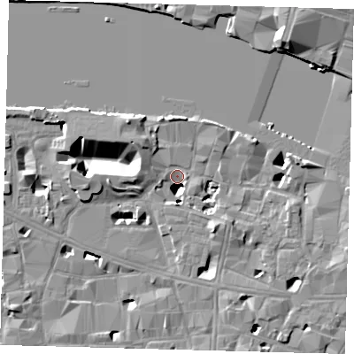 Shaded relief map of the ground around SE19SH, computed from Environment Agency LiDAR. The ground here sits at about 3 m above sea level and falls 17 m across the surrounding 800 m. Surface water reaching this point runs off ground lying to the west, 13.8 m higher.