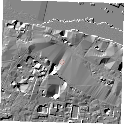 Shaded relief map of the ground around SE19SP, computed from Environment Agency LiDAR. The ground here sits at about 3 m above sea level and falls 11 m across the surrounding 800 m. Surface water reaching this point runs off ground lying to the north-north-west, 10.1 m higher.