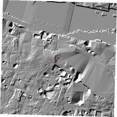 Shaded relief map of the ground around SE19SQ, computed from Environment Agency LiDAR. The ground here sits at about 5 m above sea level and falls 11 m across the surrounding 800 m. Surface water reaching this point runs off ground lying to the west-north-west, 2.2 m higher.
