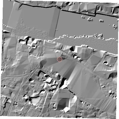 Shaded relief map of the ground around SE19SS, computed from Environment Agency LiDAR. The ground here sits at about 5 m above sea level and falls 13 m across the surrounding 800 m. Surface water reaching this point runs off ground lying to the north-north-east, 1.8 m higher.