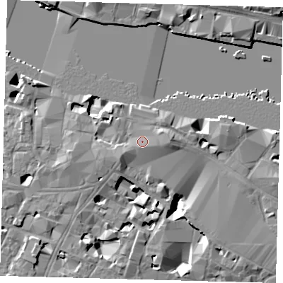 Shaded relief map of the ground around SE19SU, computed from Environment Agency LiDAR. The ground here sits at about 5 m above sea level and falls 13 m across the surrounding 800 m. Surface water reaching this point runs off ground lying to the east-south-east, 1.1 m higher.