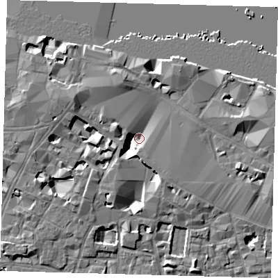 Shaded relief map of the ground around SE19SY, computed from Environment Agency LiDAR. The ground here sits at about 2 m above sea level and falls 10 m across the surrounding 800 m. Surface water reaching this point runs off ground lying to the north-north-west, 10.1 m higher.