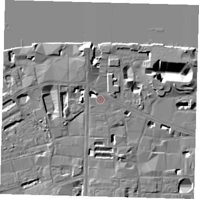Shaded relief map of the ground around SE19UF, computed from Environment Agency LiDAR. The ground here sits at about 4 m above sea level and falls 14 m across the surrounding 800 m. Surface water reaching this point runs off ground lying to the north-west, 6.7 m higher.