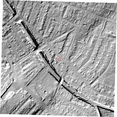 Shaded relief map of the ground around SE207NR, computed from Environment Agency LiDAR. The ground here sits at about 29 m above sea level and falls 16 m across the surrounding 800 m. Surface water reaching this point runs off ground lying to the west-south-west, 7.6 m higher.