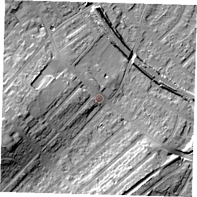Shaded relief map of the ground around SE207QB, computed from Environment Agency LiDAR. The ground here sits at about 32 m above sea level and falls 18 m across the surrounding 800 m. Surface water reaching this point runs off ground lying to the west-south-west, 12.3 m higher.
