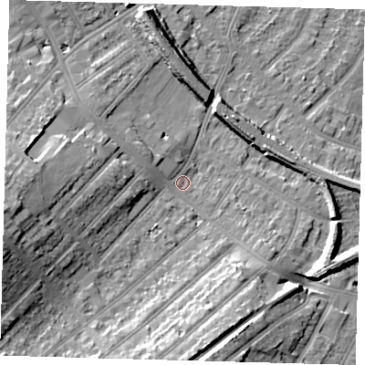 Shaded relief map of the ground around SE207QP, computed from Environment Agency LiDAR. The ground here sits at about 30 m above sea level and falls 16 m across the surrounding 800 m. Surface water reaching this point runs off ground lying to the west-south-west, 13.4 m higher.