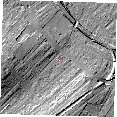 Shaded relief map of the ground around SE207QT, computed from Environment Agency LiDAR. The ground here sits at about 31 m above sea level and falls 18 m across the surrounding 800 m. Surface water reaching this point runs off ground lying to the west-south-west, 14.0 m higher.