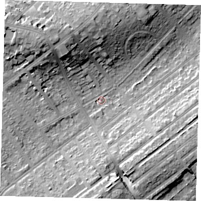 Shaded relief map of the ground around SE207RD, computed from Environment Agency LiDAR. The ground here sits at about 36 m above sea level and falls 20 m across the surrounding 800 m. Surface water reaching this point runs off ground lying to the south, 10.8 m higher.