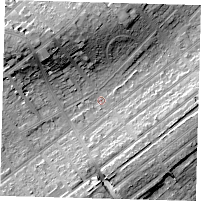 Shaded relief map of the ground around SE207RF, computed from Environment Agency LiDAR. The ground here sits at about 36 m above sea level and falls 21 m across the surrounding 800 m. Surface water reaching this point runs off ground lying to the south, 11.3 m higher.