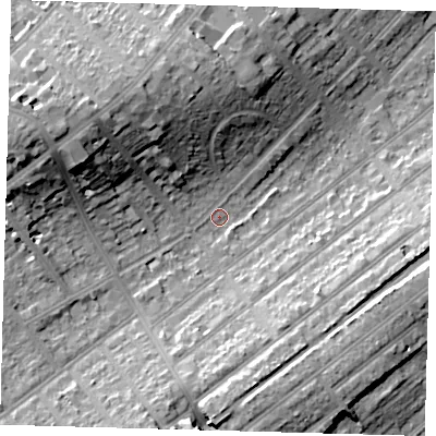 Shaded relief map of the ground around SE207RH, computed from Environment Agency LiDAR. The ground here sits at about 35 m above sea level and falls 22 m across the surrounding 800 m. Surface water reaching this point runs off ground lying to the west-north-west, 17.6 m higher.
