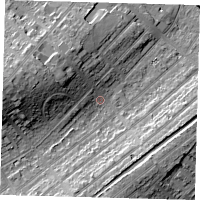 Shaded relief map of the ground around SE207RR, computed from Environment Agency LiDAR. The ground here sits at about 34 m above sea level and falls 21 m across the surrounding 800 m. Surface water reaching this point runs off ground lying to the west-north-west, 12.5 m higher.