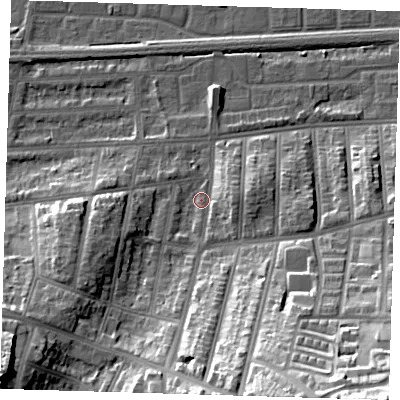 Shaded relief map of the ground around SE20ER, computed from Environment Agency LiDAR. The ground here sits at about 5 m above sea level and falls 40 m across the surrounding 800 m. Surface water reaching this point runs off ground lying to the south-west, 23.3 m higher.