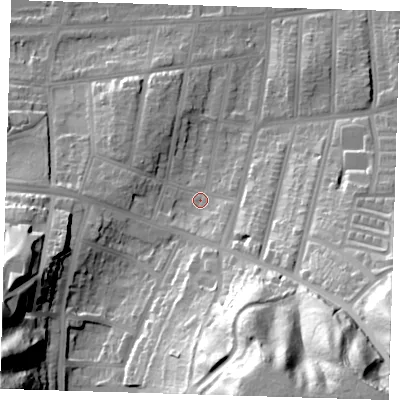 Shaded relief map of the ground around SE20EU, computed from Environment Agency LiDAR. The ground here sits at about 9 m above sea level and falls 62 m across the surrounding 800 m. Surface water reaching this point runs off ground lying to the south-south-east, 8.6 m higher.